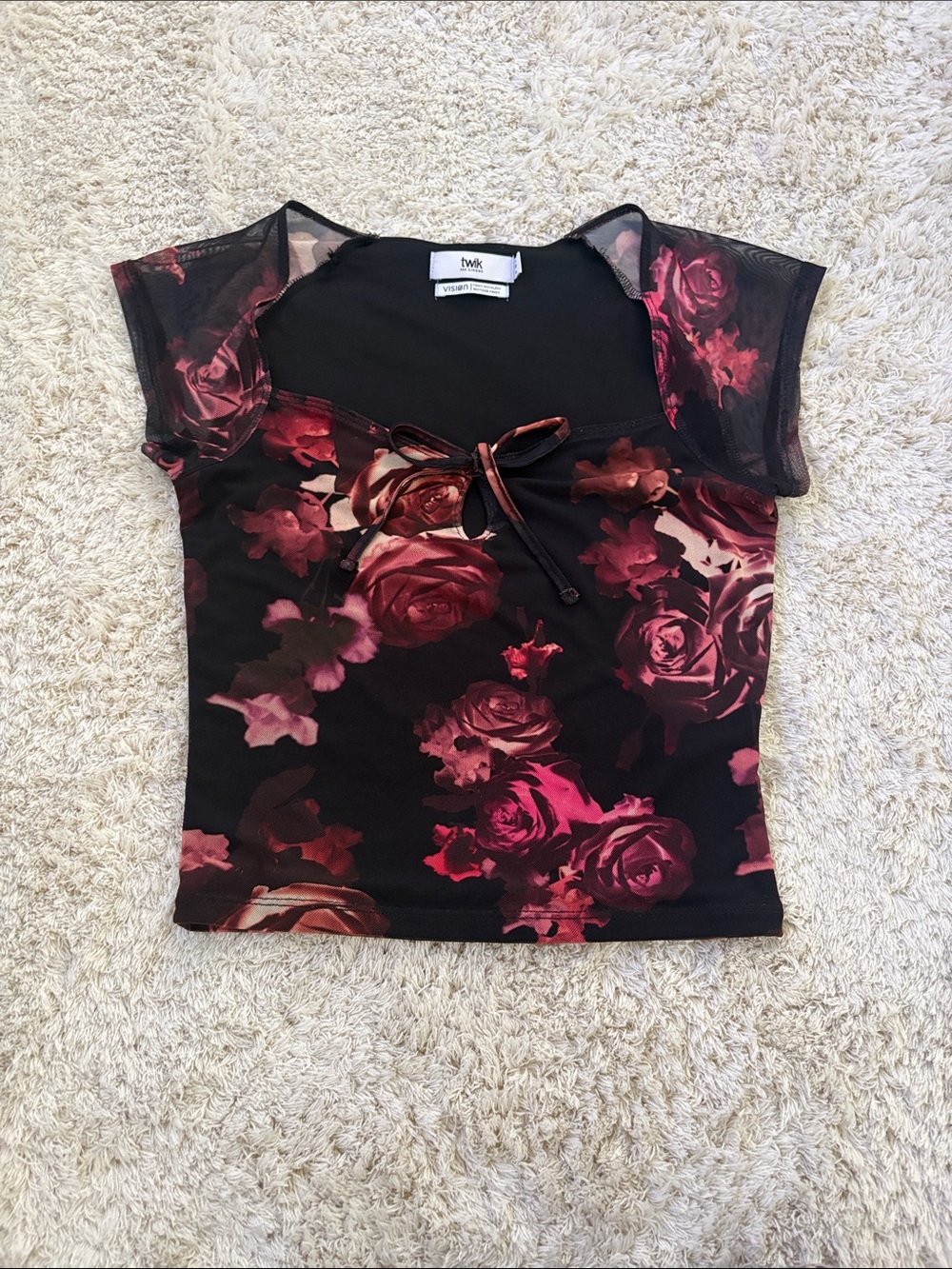 twik Black Top with Deep Rose Pink Floral Print and Mesh Sleeves